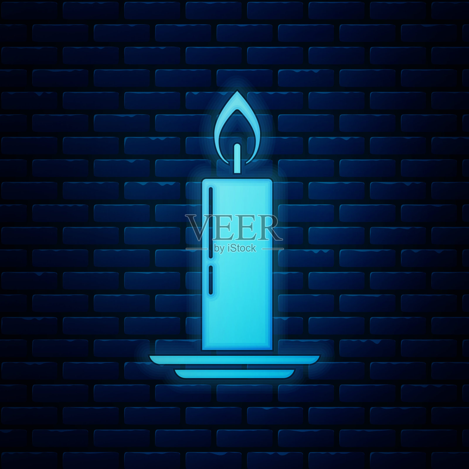 发光的霓虹灯燃烧的蜡烛在烛台图标孤立的砖墙背景。老式点燃的蜡烛。燃烧着火焰的圆柱形蜡烛棒。矢量图插画图片素材