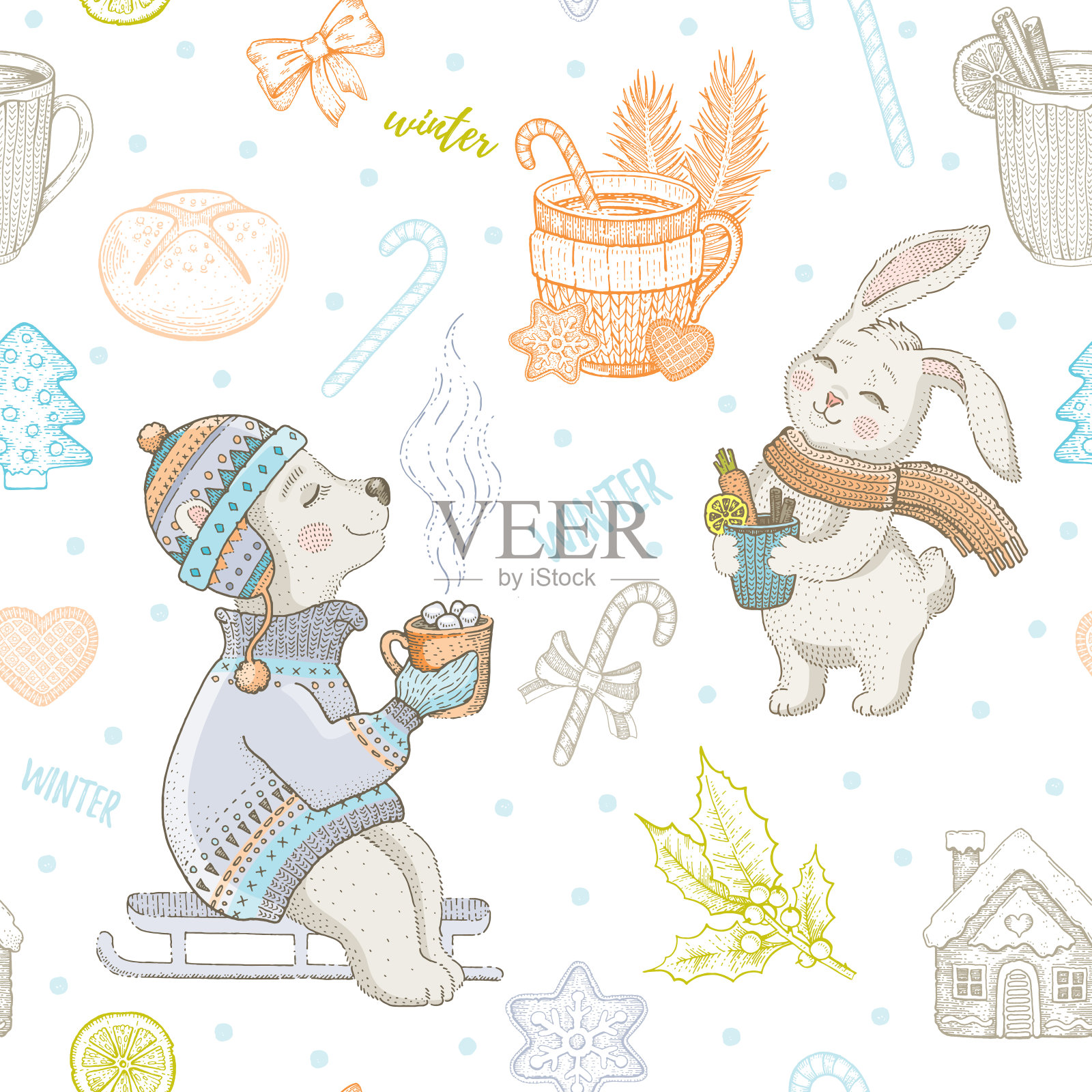 圣诞可爱动物无缝图案。嘟嘟熊，兔子拿着冬天的饮料杯。手绘草图背景。圣诞孤立矢量插图。包装纸，儿童包装，儿童织物印花插画图片素材