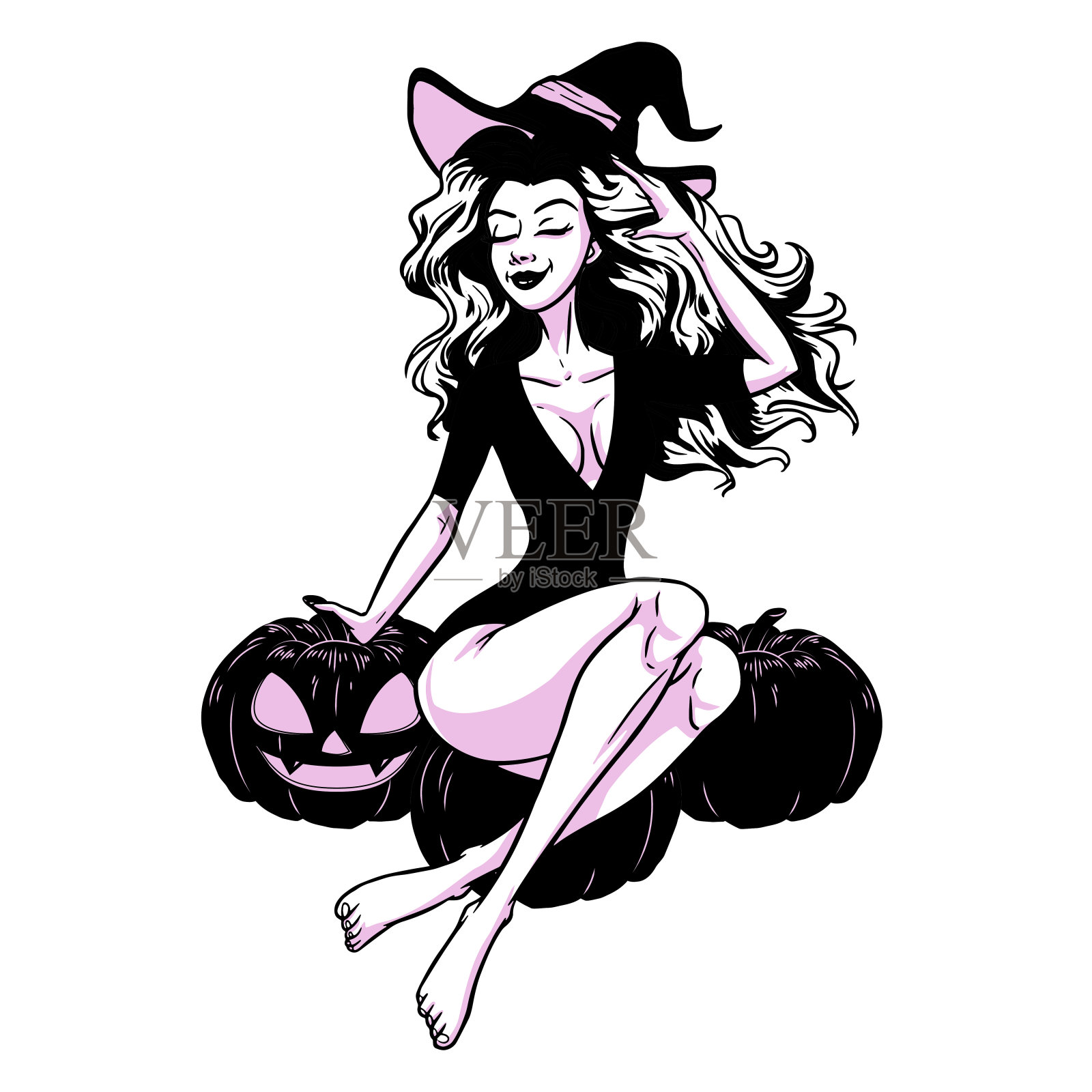 美丽的年轻女巫女人，性感的女孩海报，万圣节服装，矢量插图插画图片素材