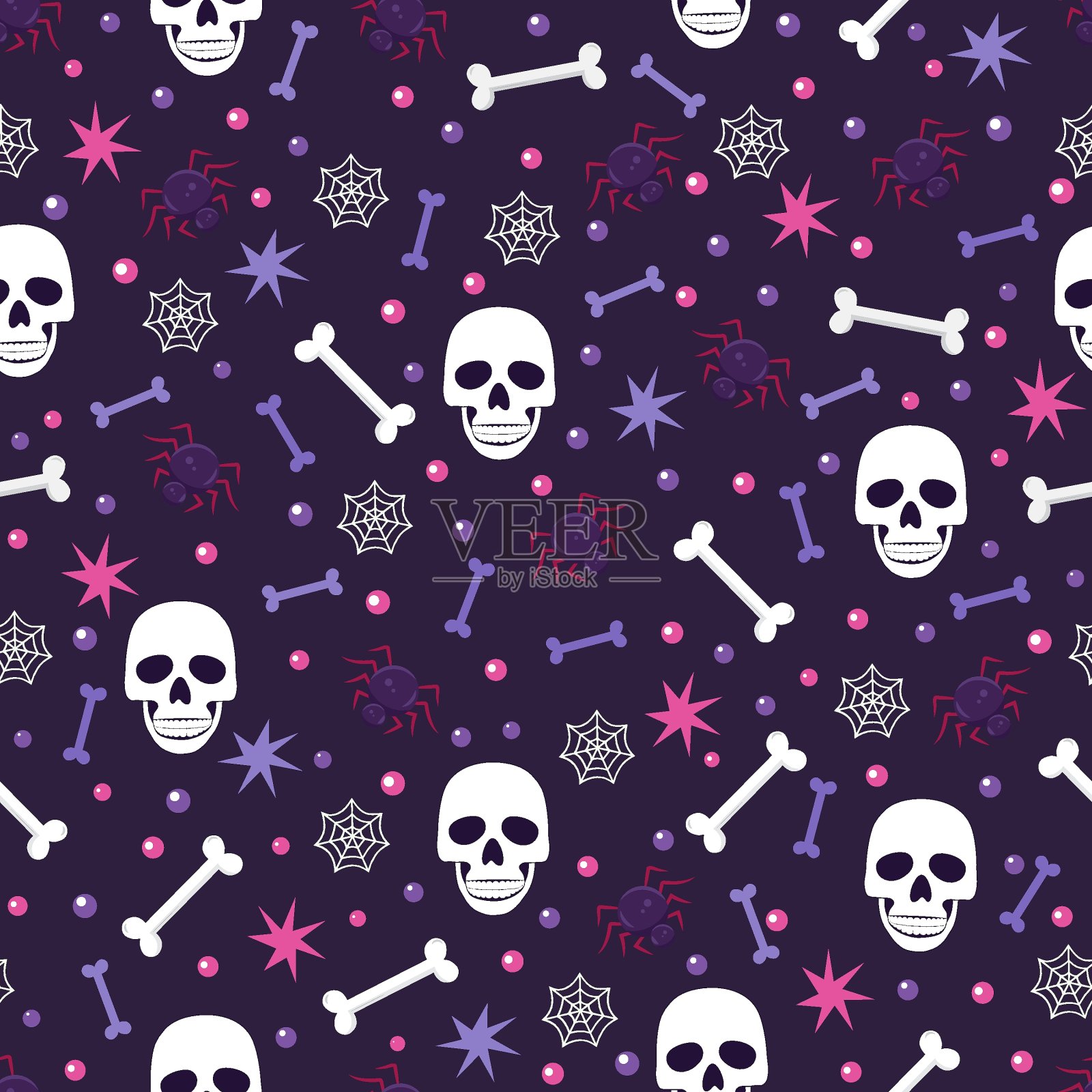 蓝色背景上的骷髅和蜘蛛无缝图案。万圣节骷髅图案背景。矢量图插画图片素材