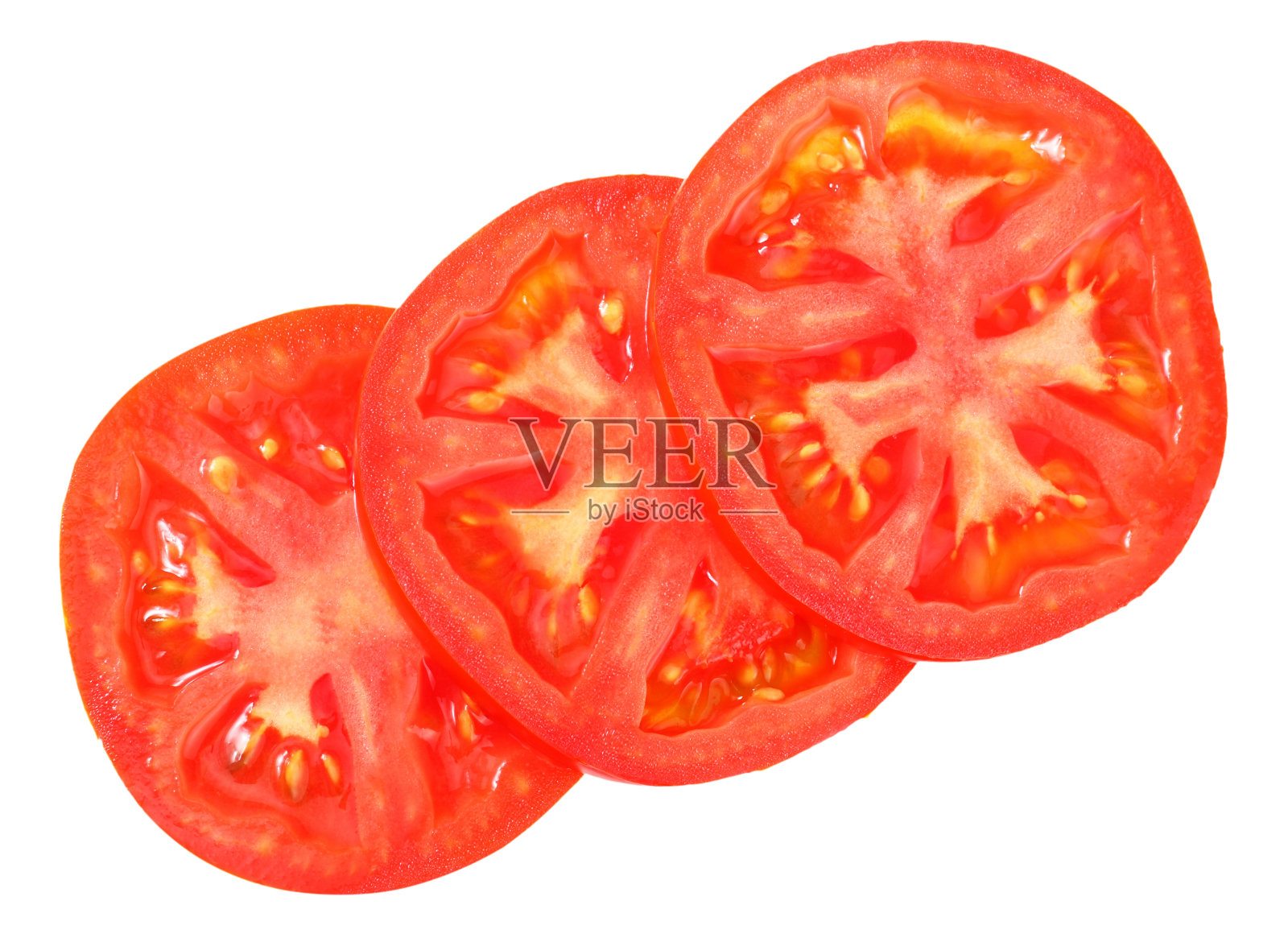 在白色背景上分离的新鲜番茄片。俯视图照片摄影图片
