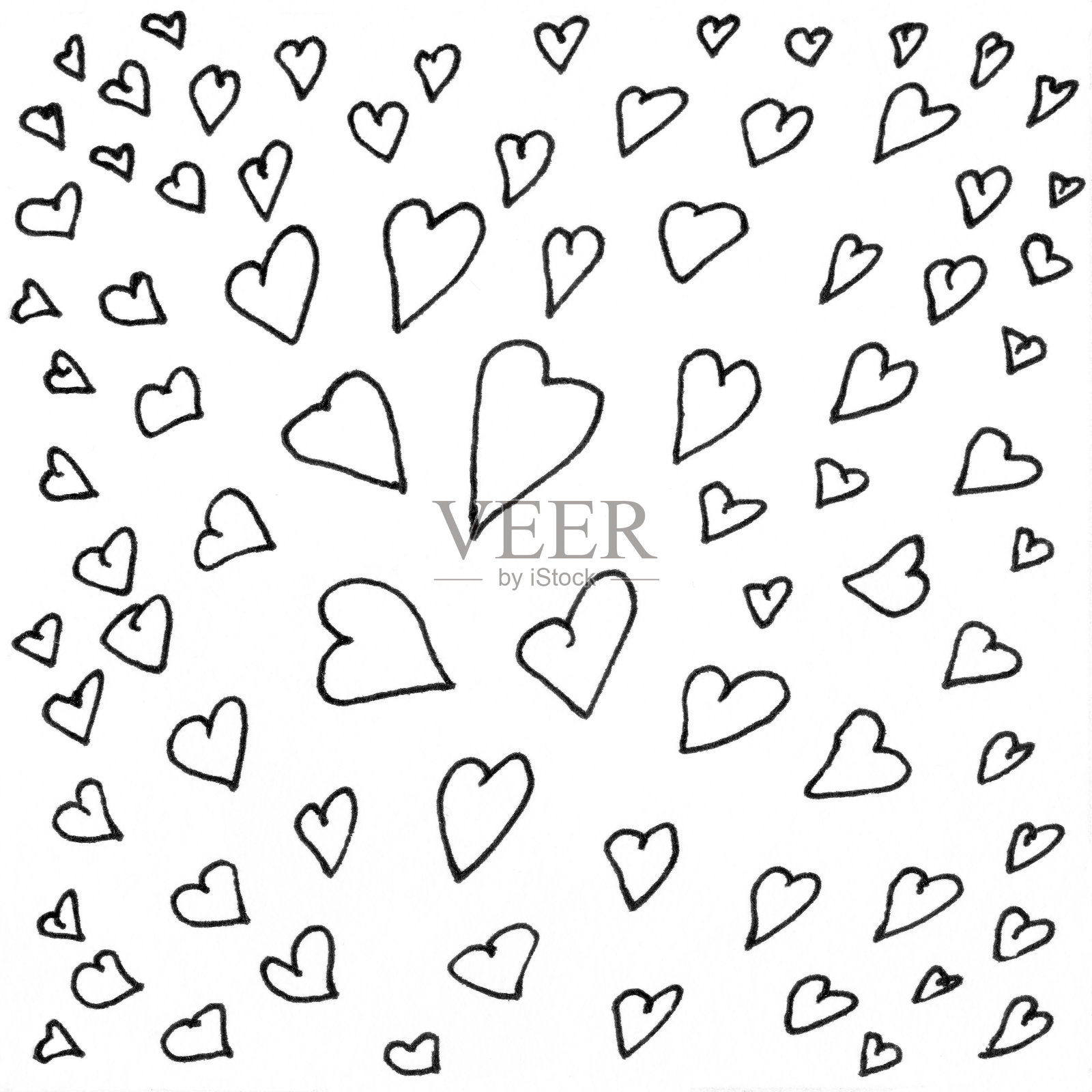 心墨纹理背景。复古的黑色和白色插图心形。几何抽象花纹插画图片素材