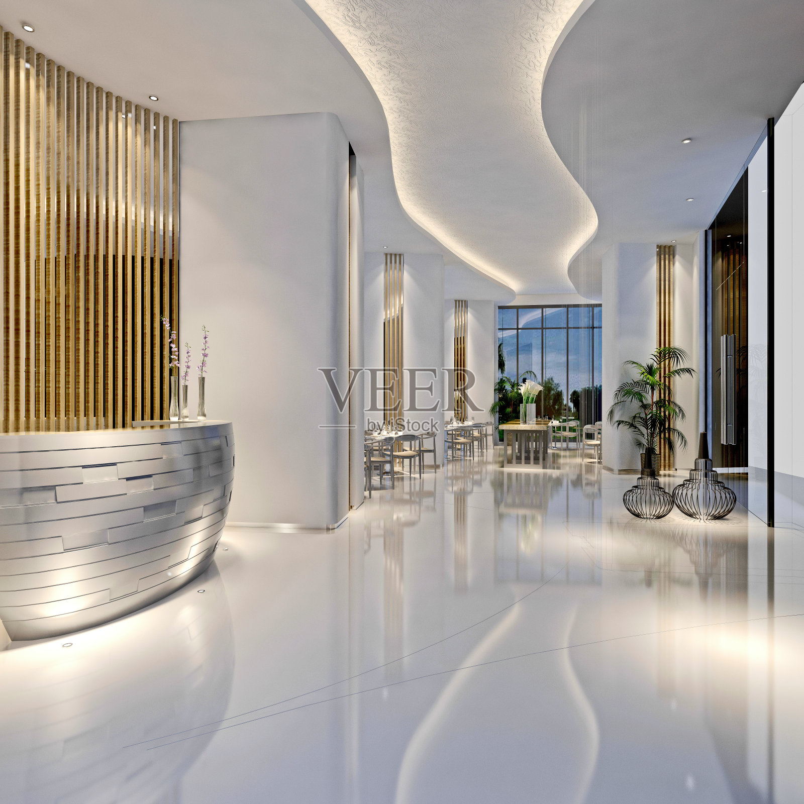 3d渲染建筑内部，前台接待照片摄影图片