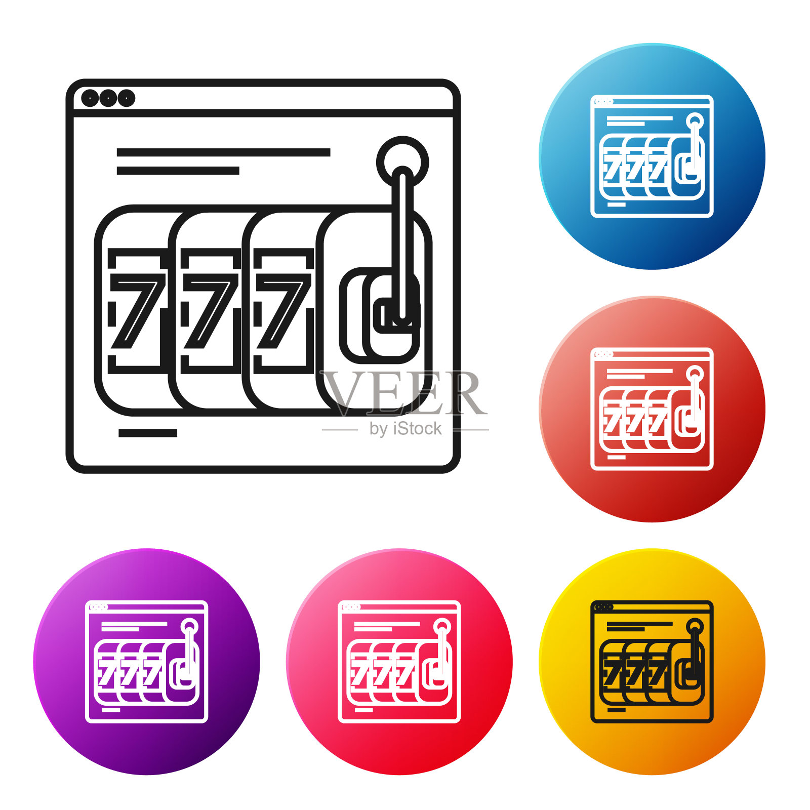 黑线在线老虎机与幸运7彩票图标孤立在白色背景。在线赌场。设置彩色圆形按钮图标。矢量图图标素材