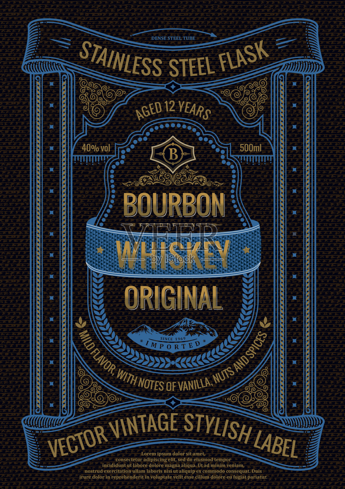 矢量威士忌标签，标签上的瓶子或烧瓶酒精饮料。垂直黑色波旁标志与标志插画图片素材