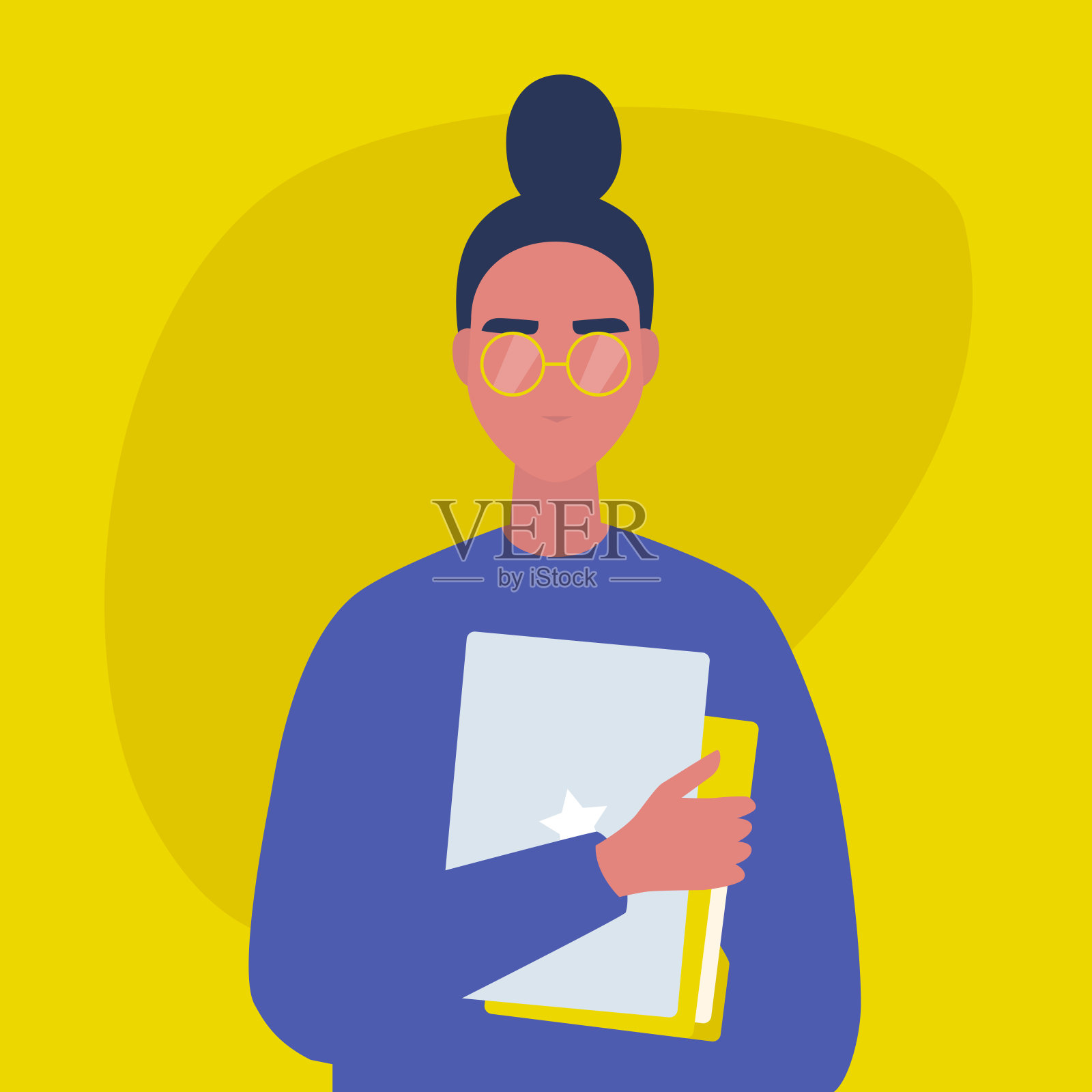 年轻的女性角色拿着一台笔记本电脑和一个文件夹的文件。学生。项目经理。年轻的成年人。千禧年的生活方式。平面可编辑矢量插图，剪辑艺术插画图片素材