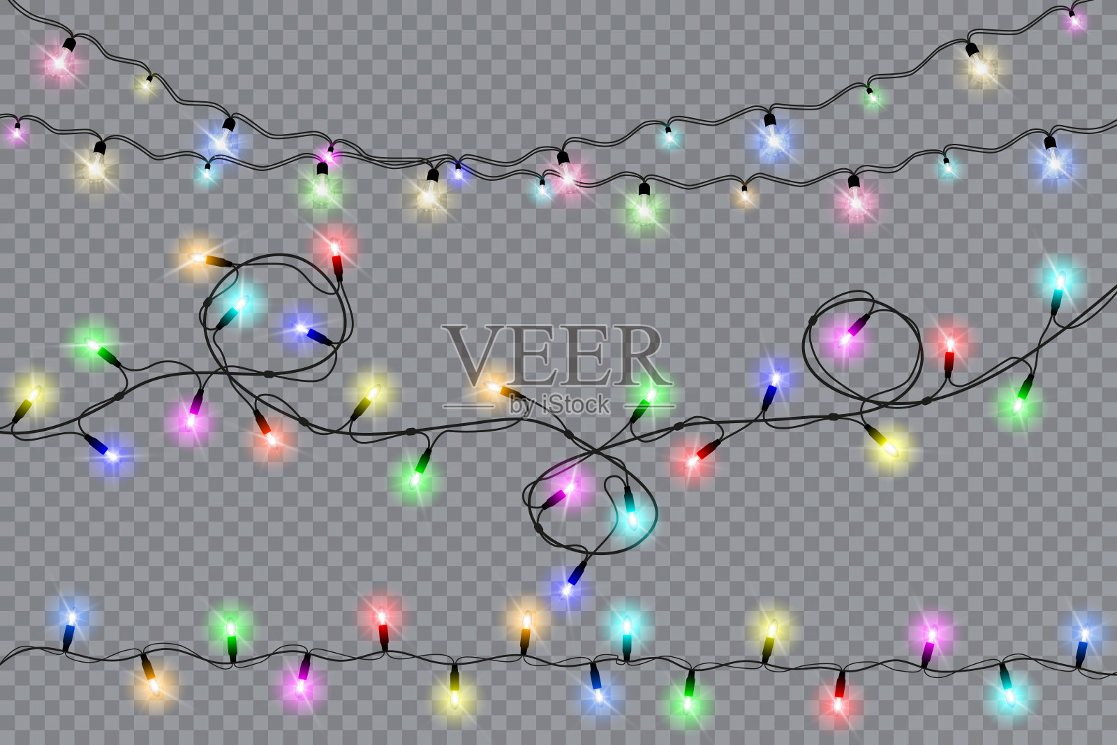 一套圣诞灯孤立现实的设计元素。圣诞贺卡，横幅，海报，网页设计的发光灯。花环装饰。矢量图插画图片素材