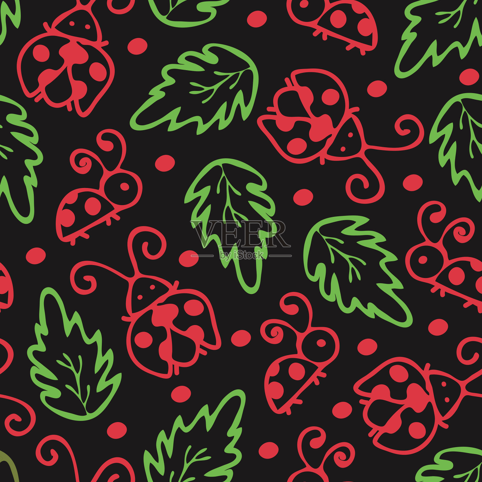 在黑色背景上勾画出瓢虫的轮廓。无缝矢量模式与瓢虫。插画图片素材