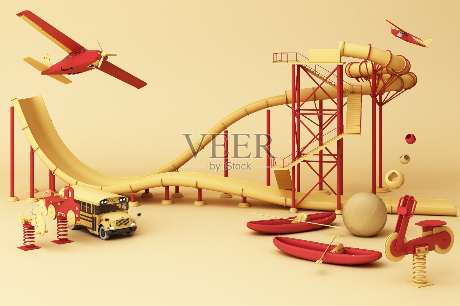 在游乐园的过山车周围有许多彩色的玩具在柔和的背景。三维渲染照片摄影图片