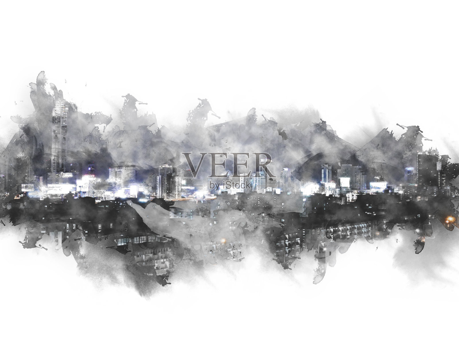 摘要以城市建筑为背景的水彩画。城市上的数字插画刷艺术。插画图片素材