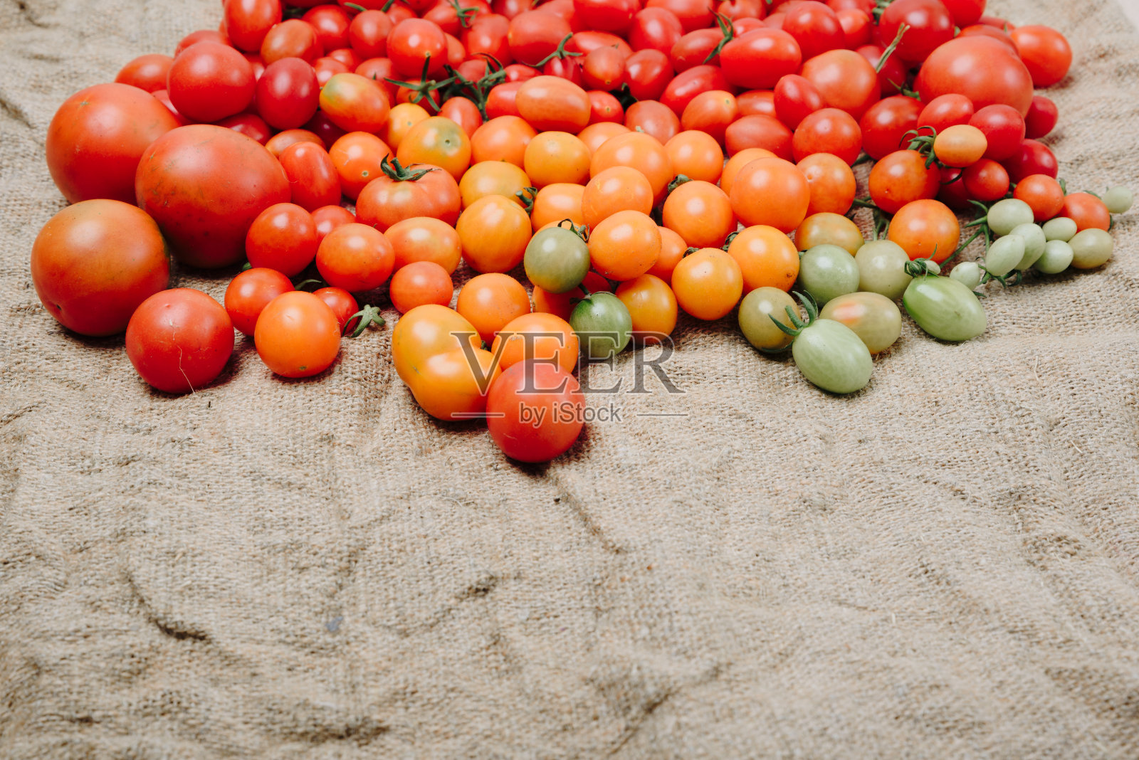 画布背景上有许多黄色和红色的樱桃番茄照片摄影图片