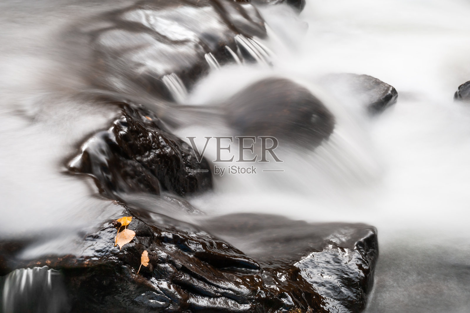 山河和秋天的树叶在石头上。照片摄影图片