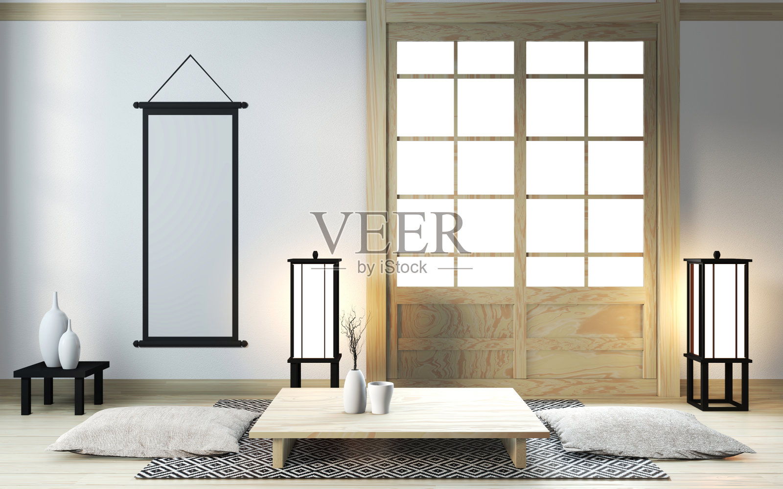 禅宗房间的室内设计与装修日式风格。三维渲染照片摄影图片