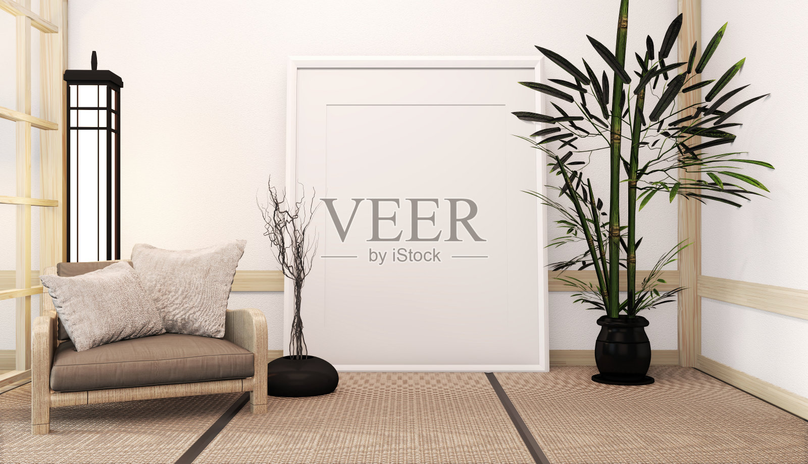 日式客厅的理念，配有台灯、相框和扶手椅，白色墙壁上铺着榻榻米。三维渲染照片摄影图片