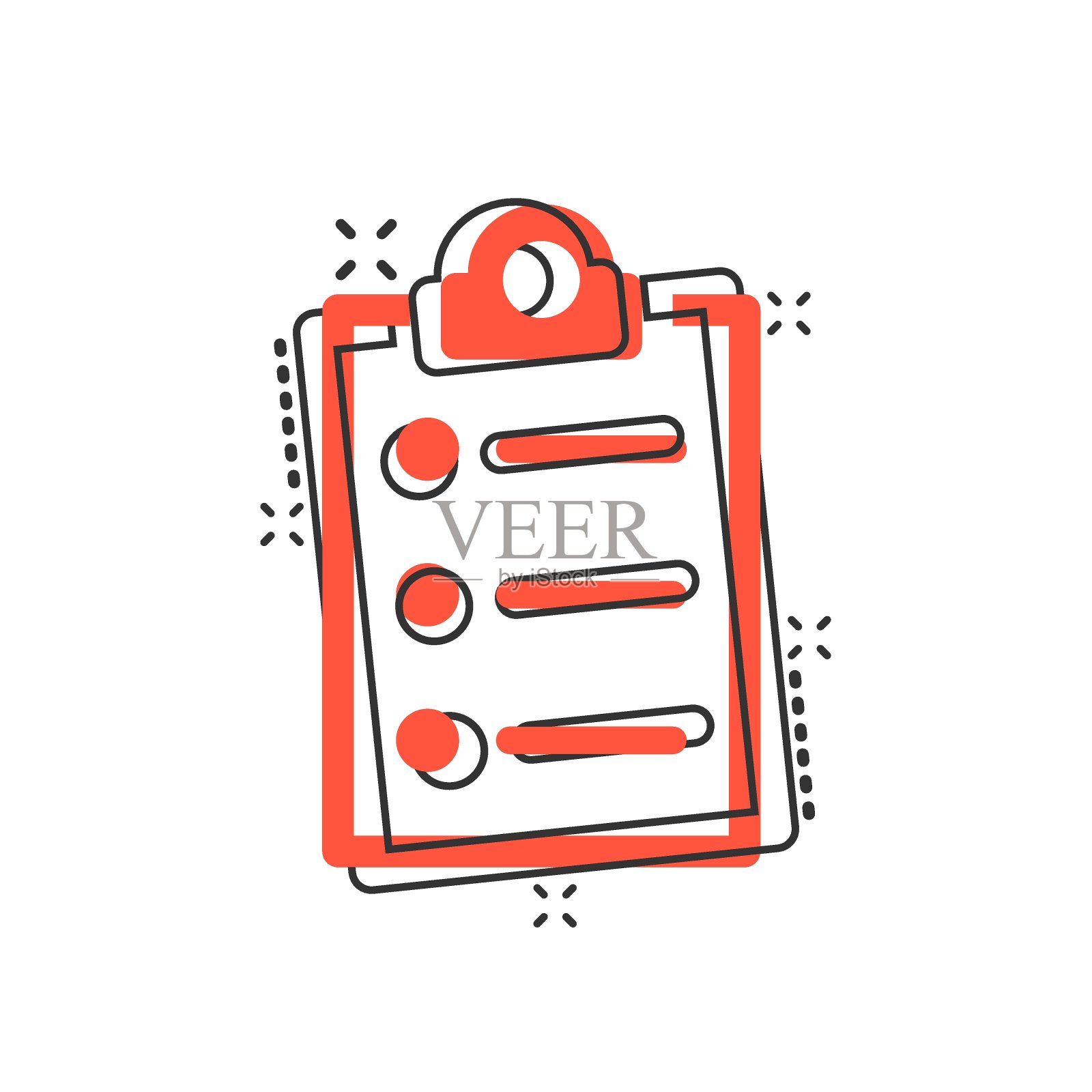 在漫画风格的清单文件签名图标。调查矢量卡通插图在白色孤立的背景。检查标志横幅的经营理念飞溅效果。插画图片素材