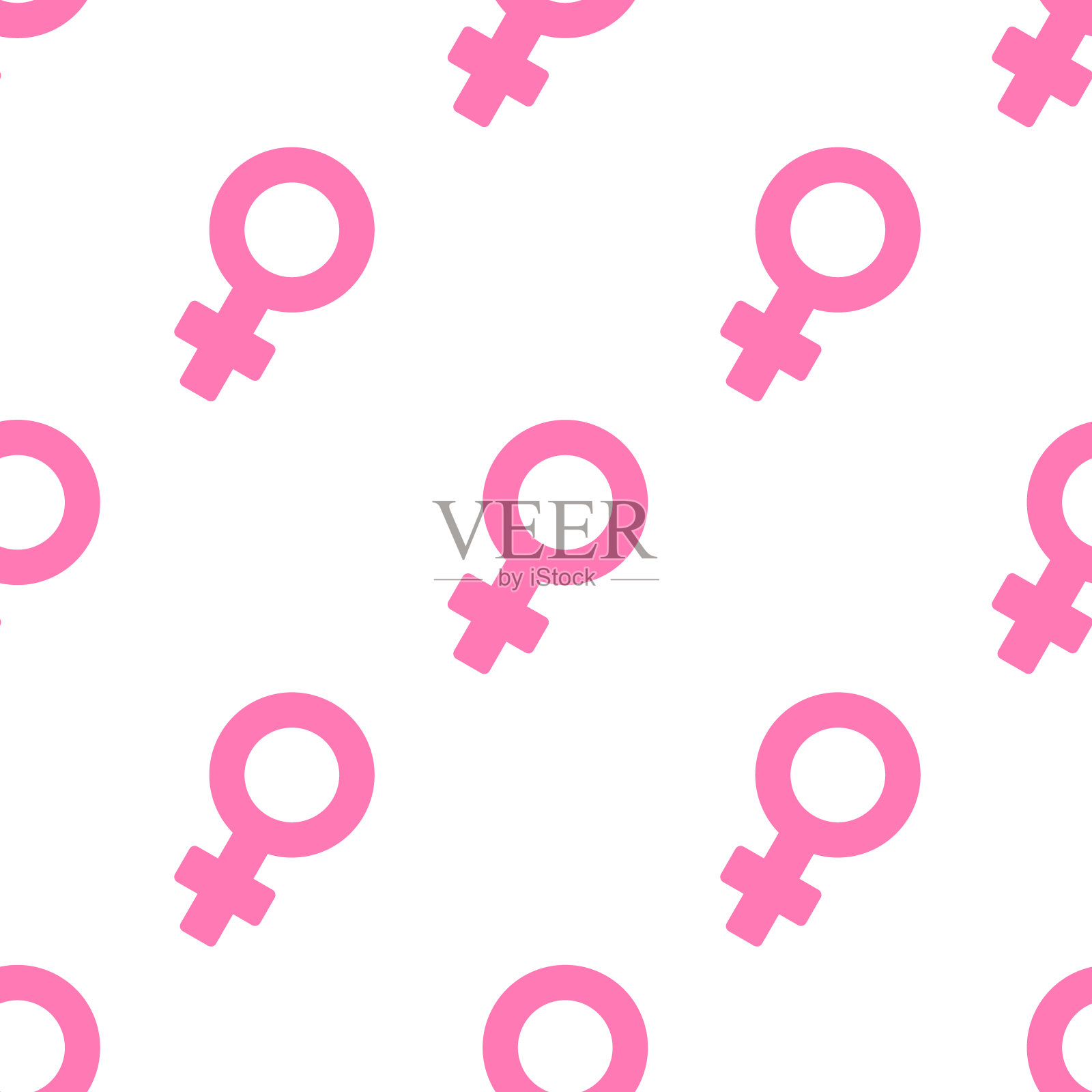 无缝图案与粉红色金星标志，女性性象征孤立在白色背景。向量的壁纸。插画图片素材