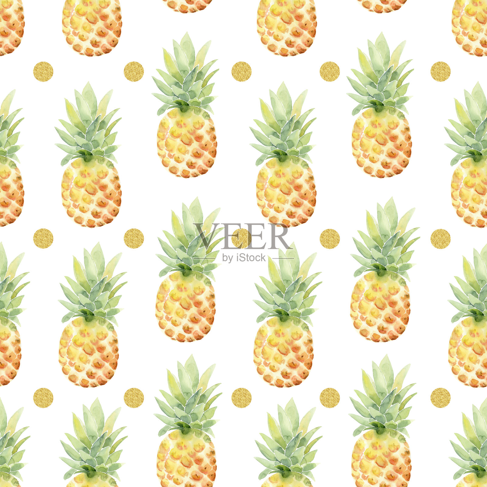 热带水彩菠萝无缝图案与金色点孤立在白色上插画图片素材