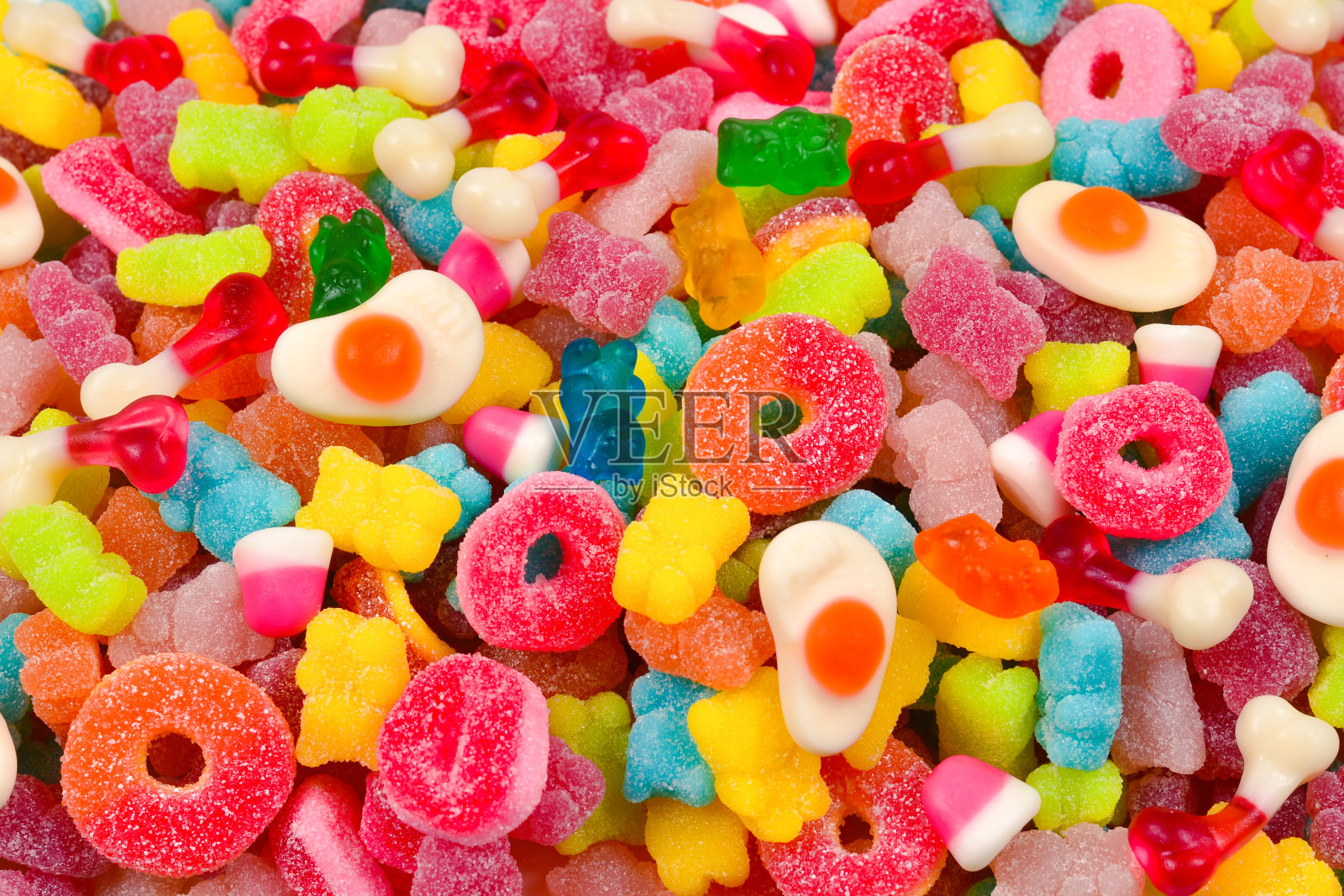 各种胶粘的糖果。前视图。果冻糖果。照片摄影图片