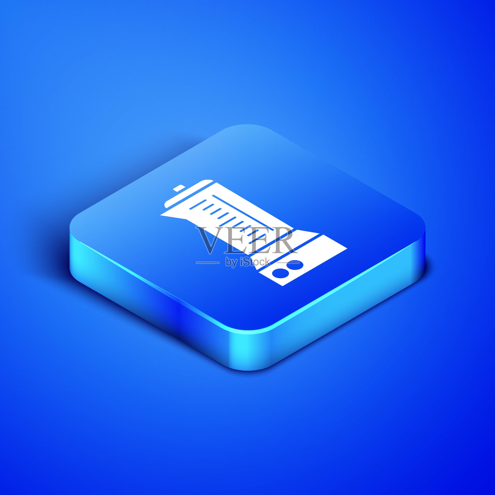 等距搅拌机图标隔离在蓝色背景。厨房用电动固定式搅拌机。烹饪冰沙，鸡尾酒或果汁。蓝色方块按钮。矢量图插画图片素材