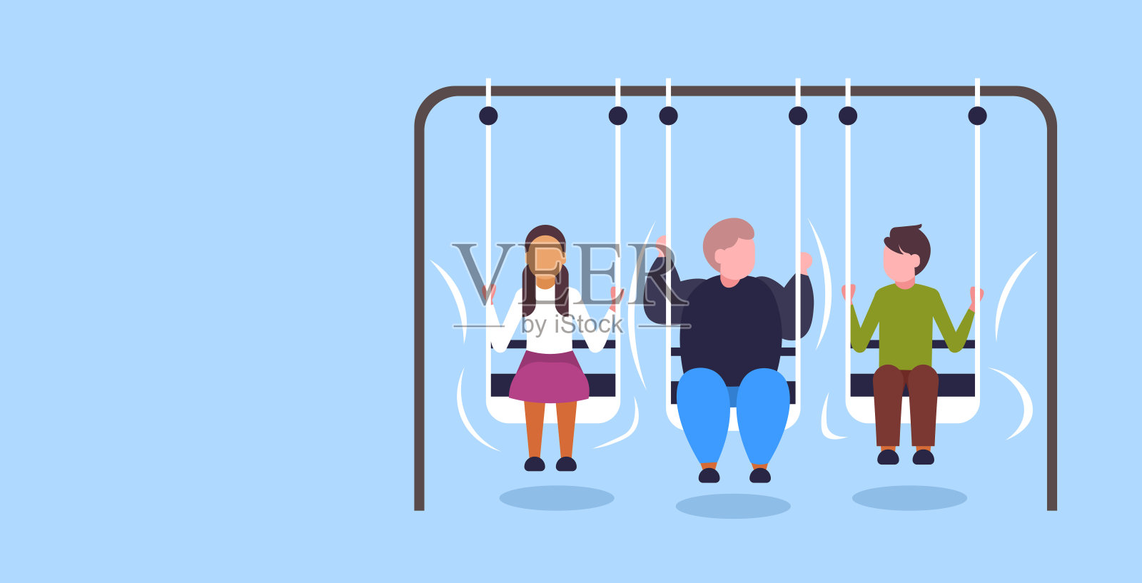 胖胖子和朋友荡秋千肥胖概念超重的人坐在秋千上玩平的全长水平插画图片素材