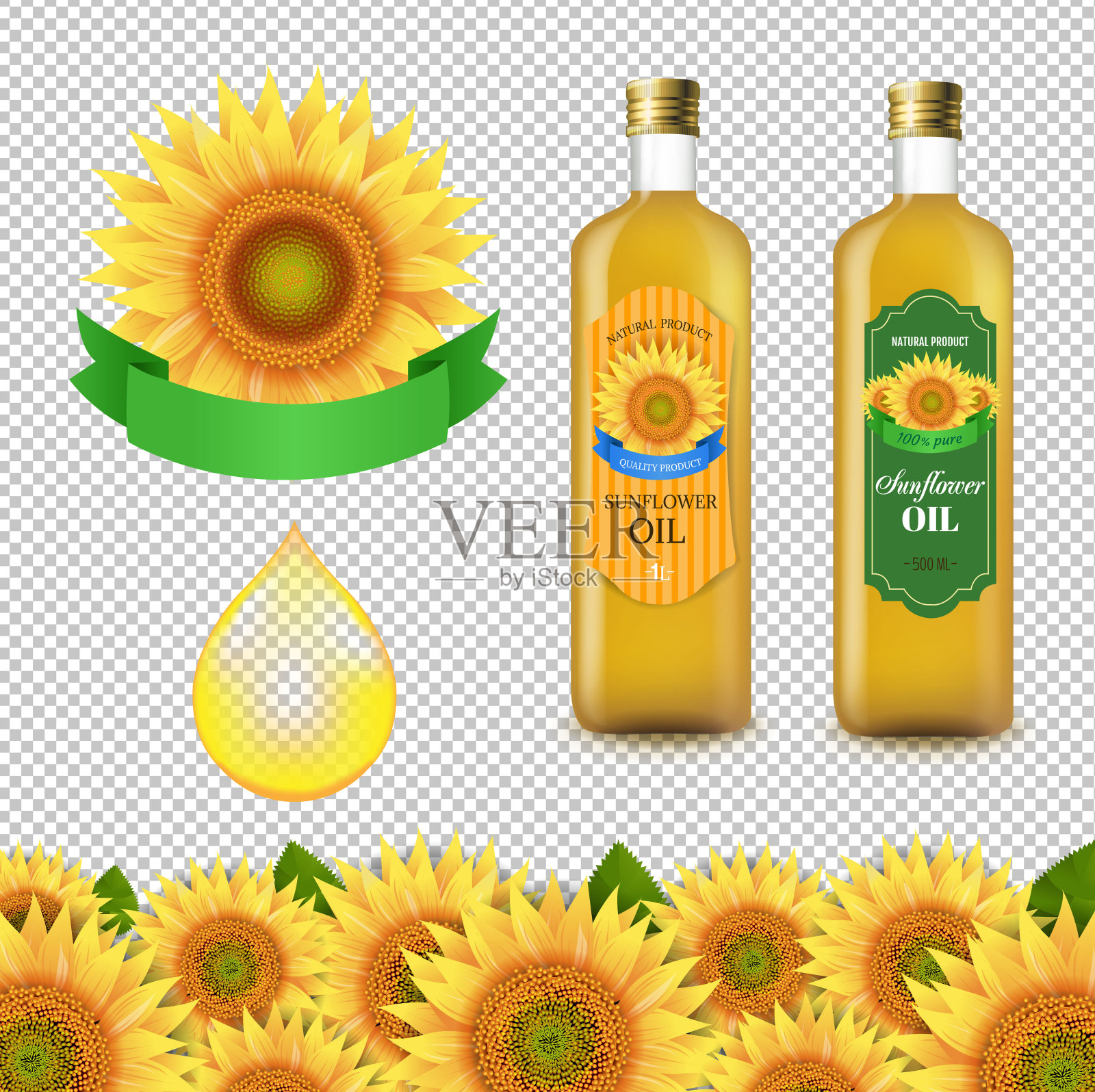 向日葵和橄榄油瓶白色标签与边界隔离透明背景插画图片素材