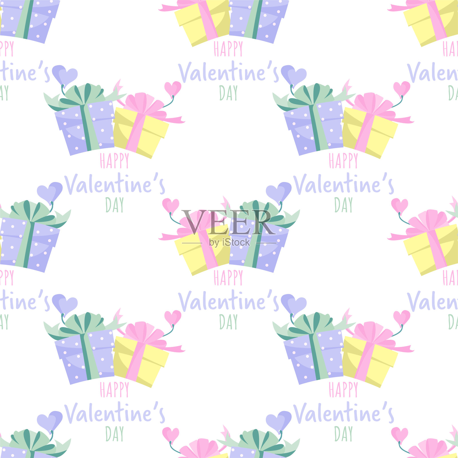 情人节无缝图案的可爱的礼盒和情人节快乐的文字在白色的背景。爱情和情人节的概念。矢量插图。插画图片素材