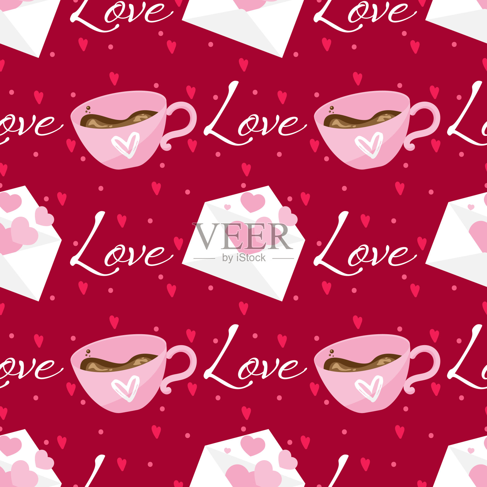 情人节可爱的粉红色咖啡杯的无缝模式与爱的信和爱的文字在红色的背景和可爱的小心脏。情人节的概念。矢量插图。插画图片素材