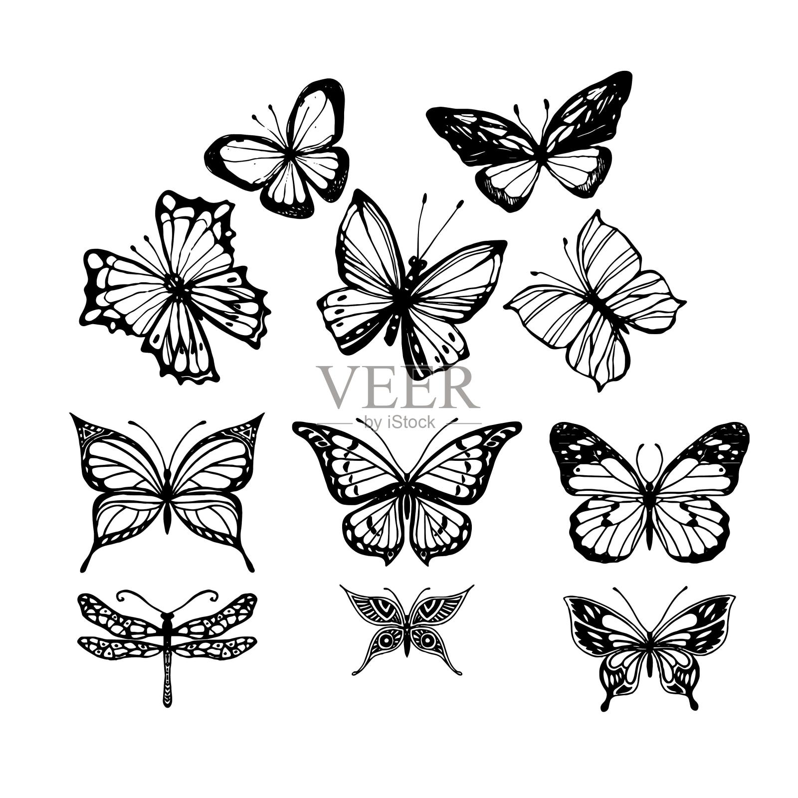 一套美丽的黑白蝴蝶向量设计元素图片
