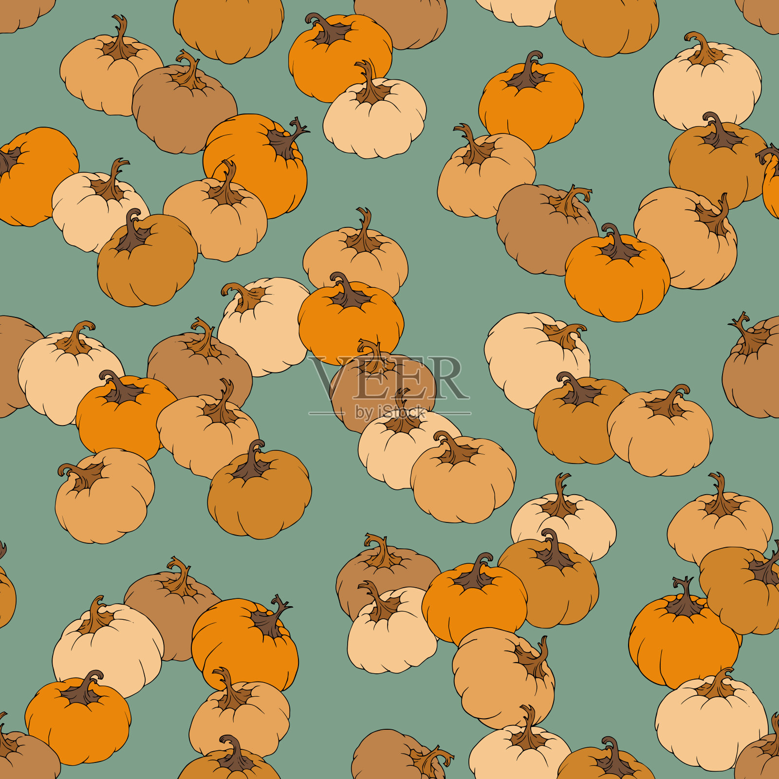 无缝装饰与橙色南瓜在蓝绿色的背景插画图片素材