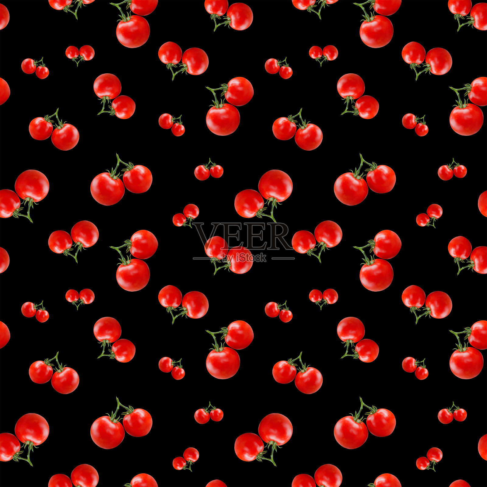 蔬菜无缝图案上的黑色背景。彩色现代设计的番茄背景印刷。插画图片素材