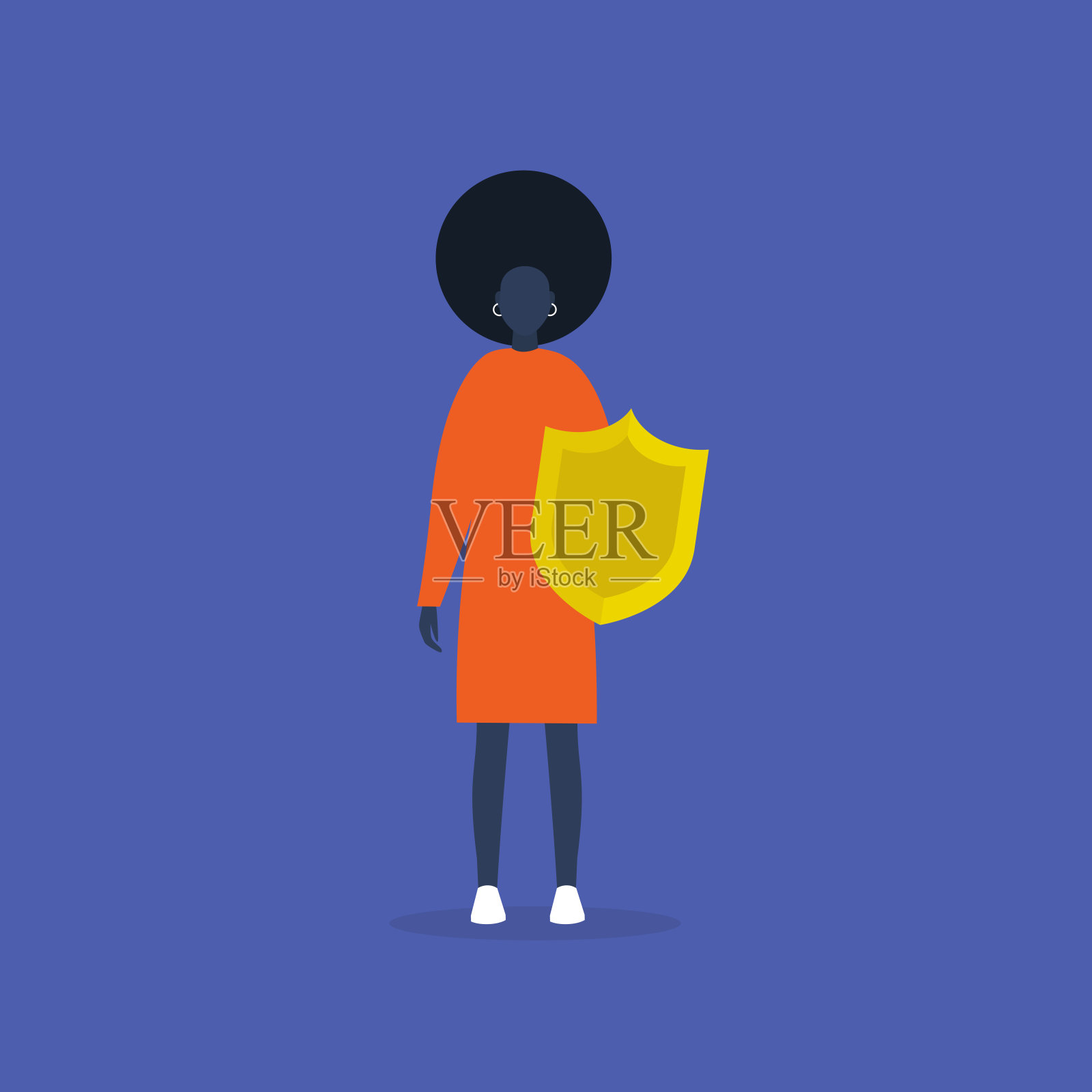 年轻的黑人女性角色用盾牌保护自己。安全。保险。安全。平面可编辑矢量插图，剪辑艺术插画图片素材