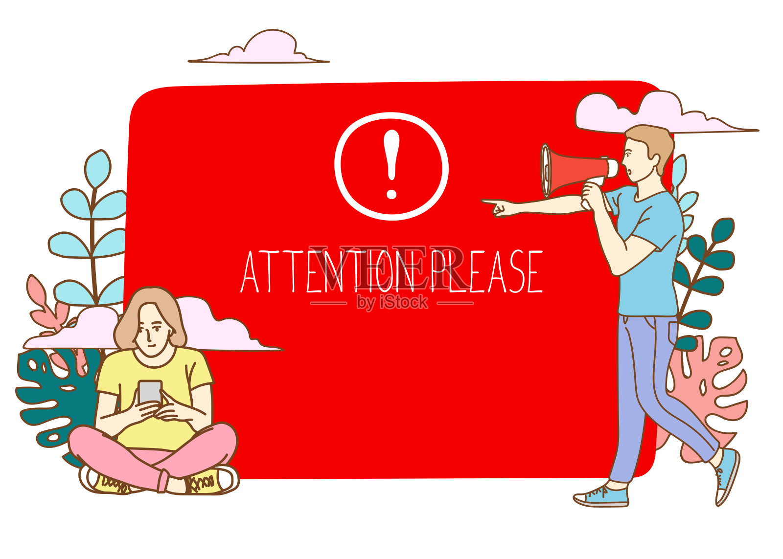 一名男子和一名女子在黄色背景下通过扩音器喊话，宣布某物在侧卧。矢量插图。插画图片素材