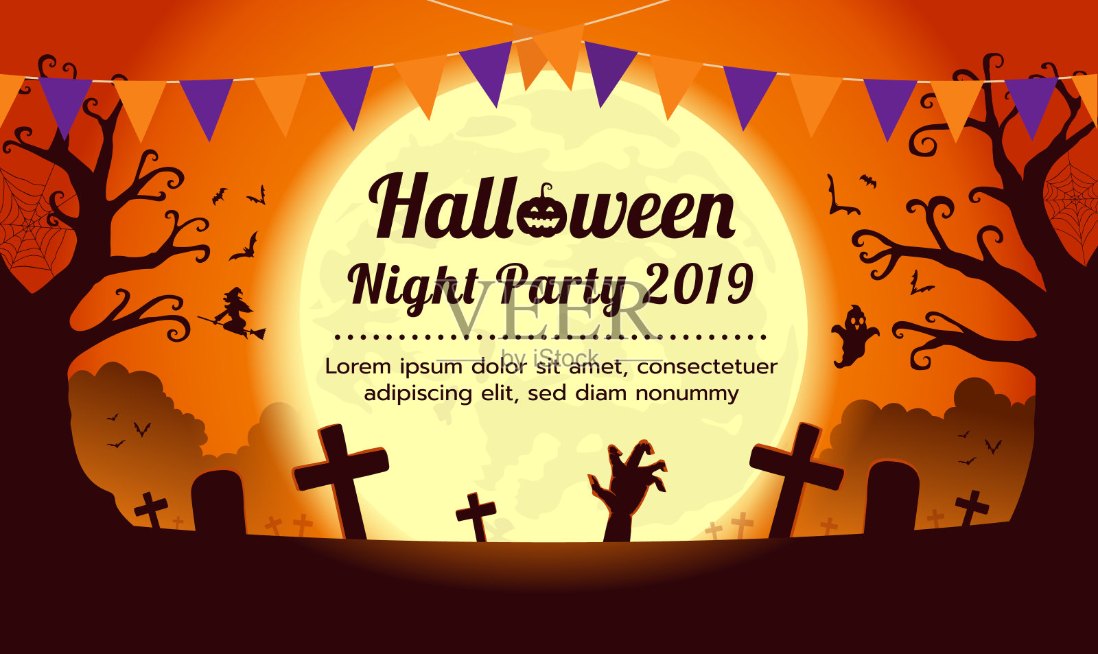 万圣节模板背景在橙色主题与恐怖树在墓地和恐怖元素。设计模板素材