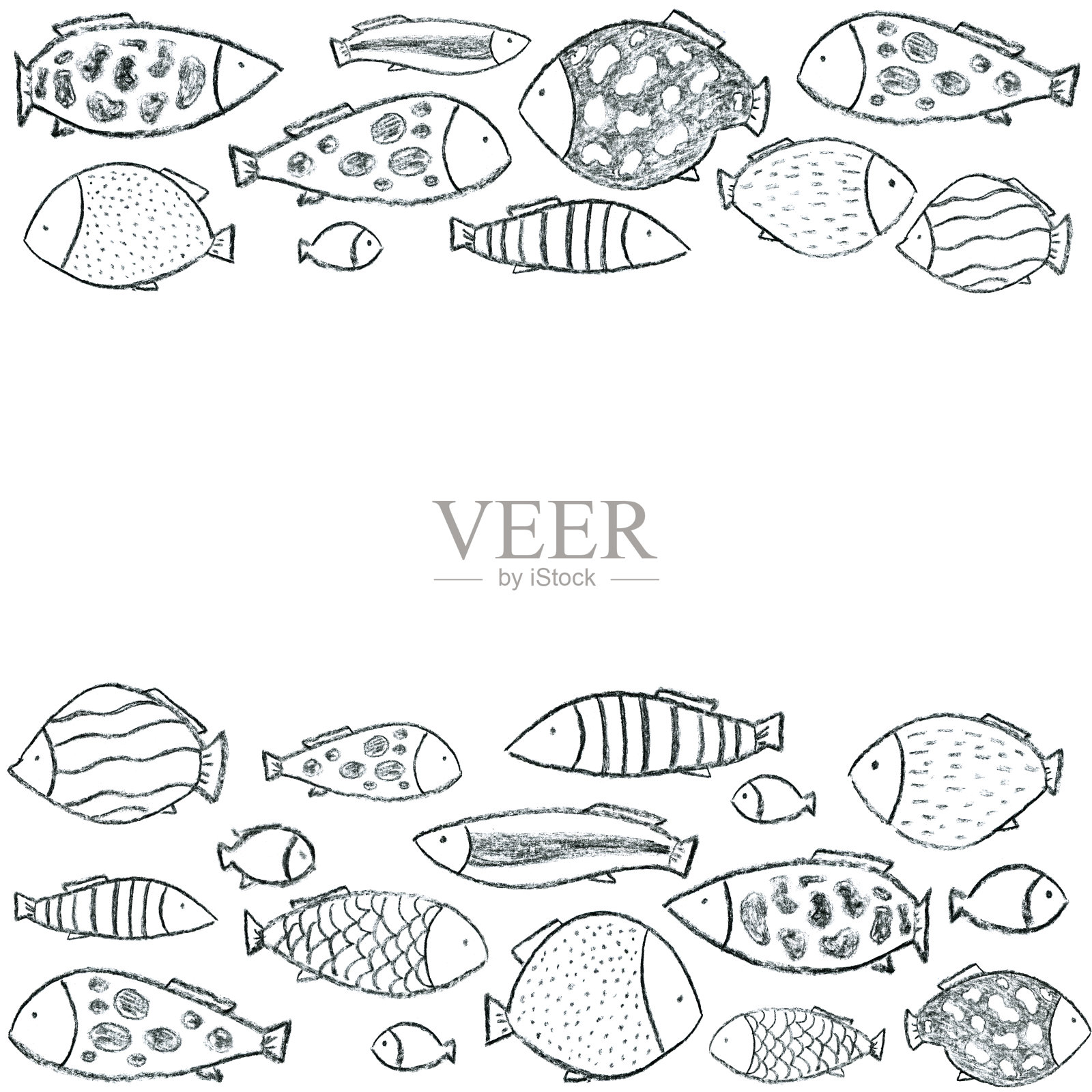 许多鱼在海里游泳，海洋，水族箱。带有文本空间的框架。用煤手绘的。用于海鲜餐厅的菜单、卡片、包装纸、织物印刷、衬衫、书刊封面。插画图片素材