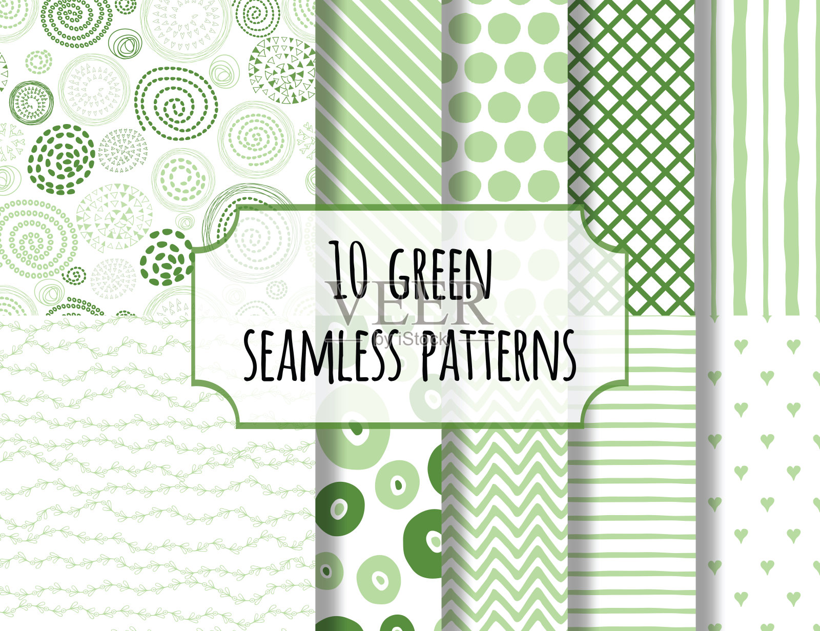 可爱的绿色手绘蜡笔背景图案向量集。插画图片素材