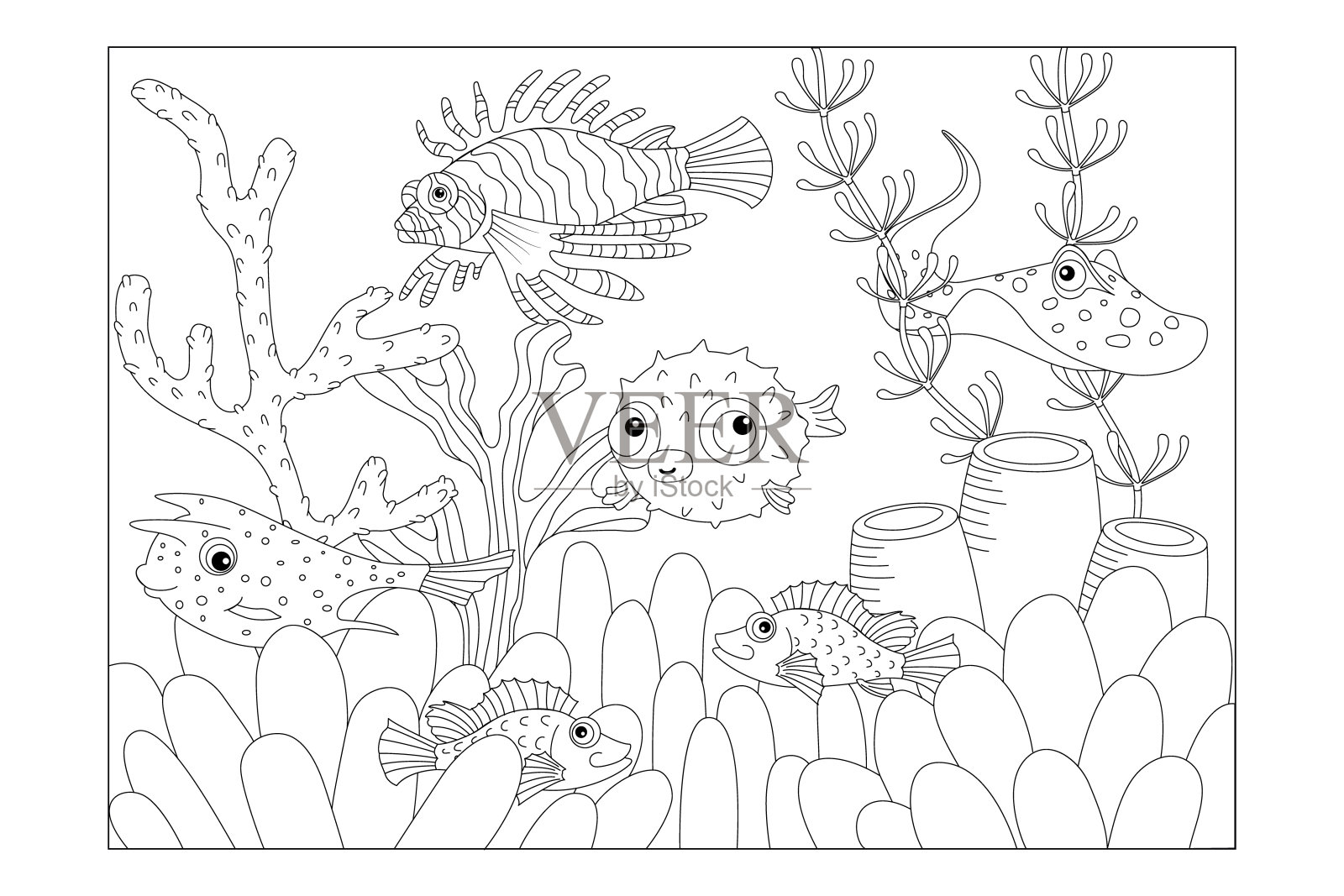 毒鱼:箱鲀，狮子鱼，黄貂鱼，河豚鱼，海鲈鱼。孩子的照片着色。向量插画图片素材