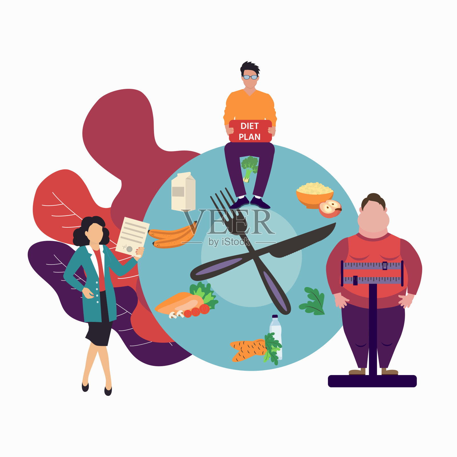 体重秤上的胖子和医生显示肥胖会导致疾病。插画图片素材