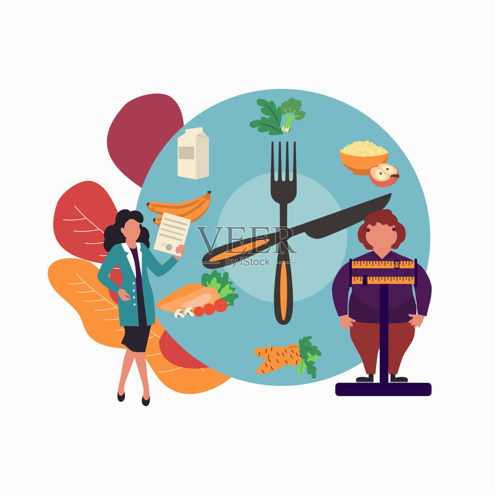 体重秤上的肥胖妇女和医生显示肥胖的疾病。插画图片素材