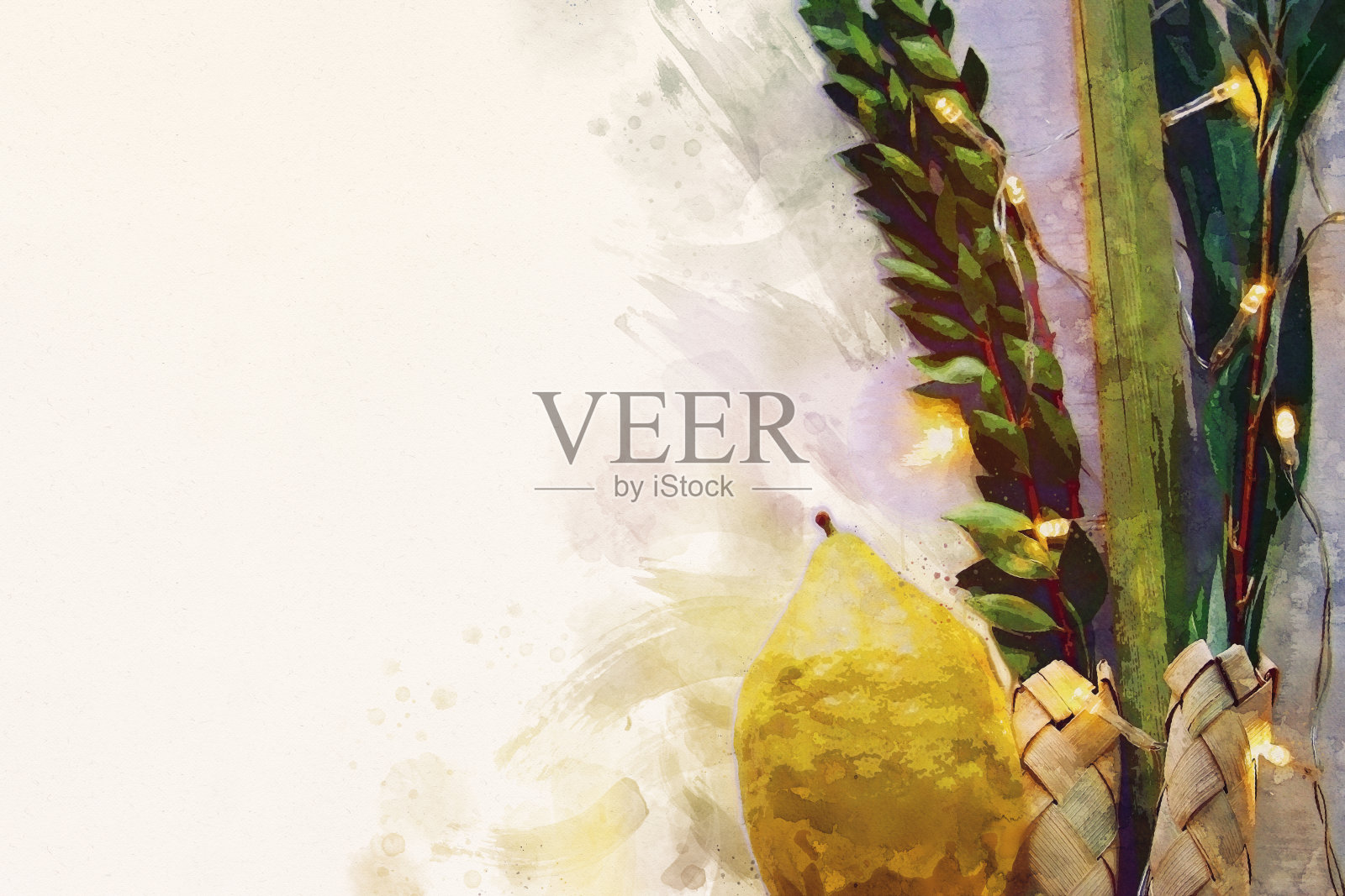 犹太住棚节的水彩画风格和抽象形象。传统符号(四种):Etrog, lulav, hadas, arava插画图片素材