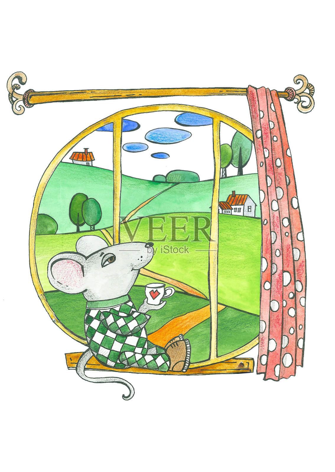 用水彩画老鼠，一只老鼠坐在窗边喝茶，夏日风景插画图片素材