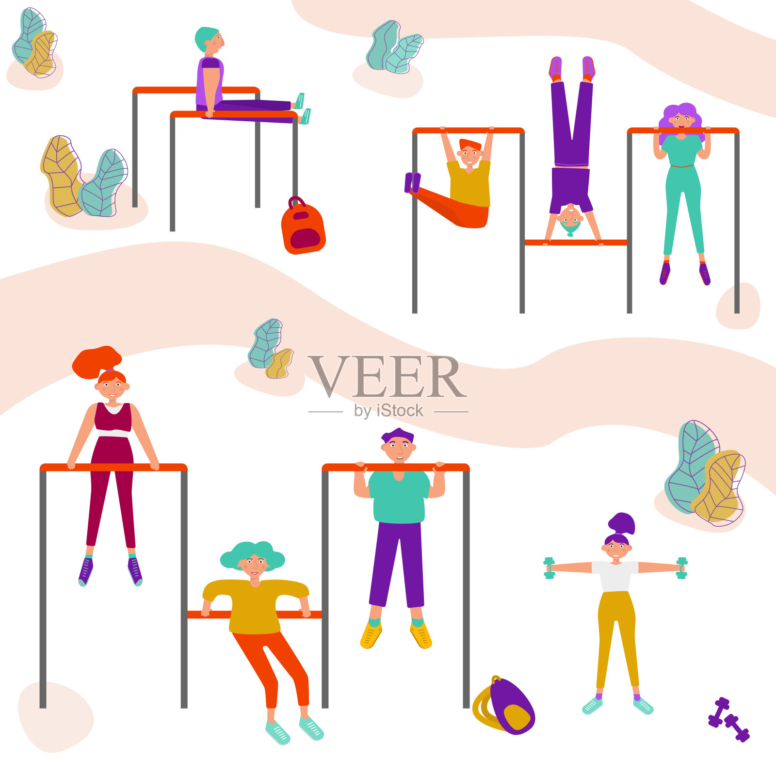 穿着现代服装的年轻人在户外运动。人们在公园的户外进行体育活动，他们做引体向上，下蹲和推。健康的生活方式和健身理念插画图片素材