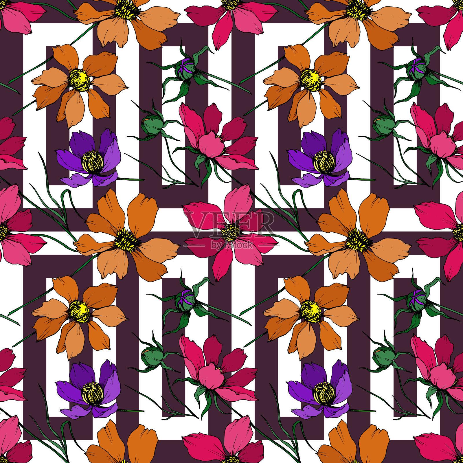 向量宇宙花卉植物花。黑白篆刻水墨艺术。无缝的背景图案。插画图片素材