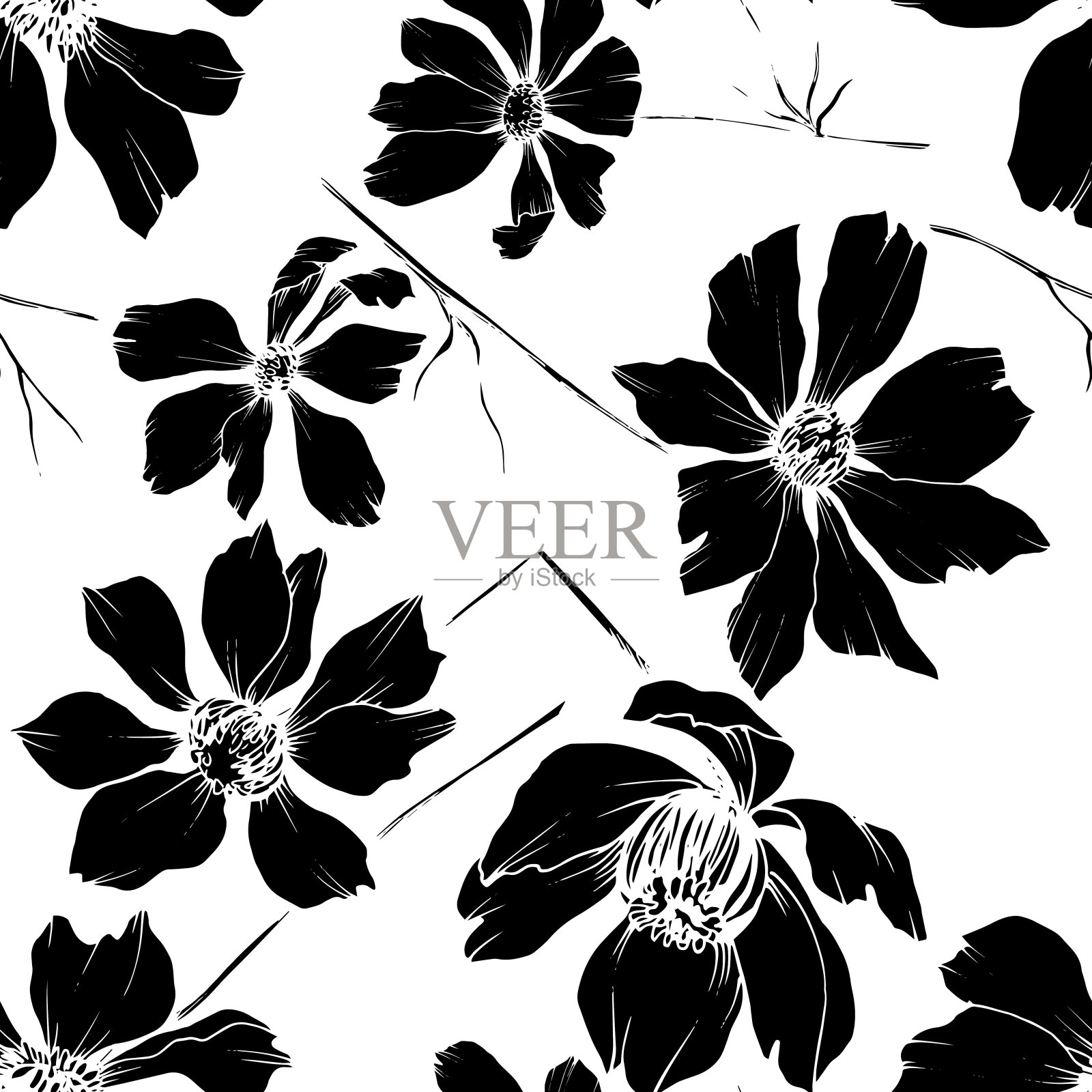 向量宇宙花卉植物花。黑白篆刻水墨艺术。无缝的背景图案。插画图片素材