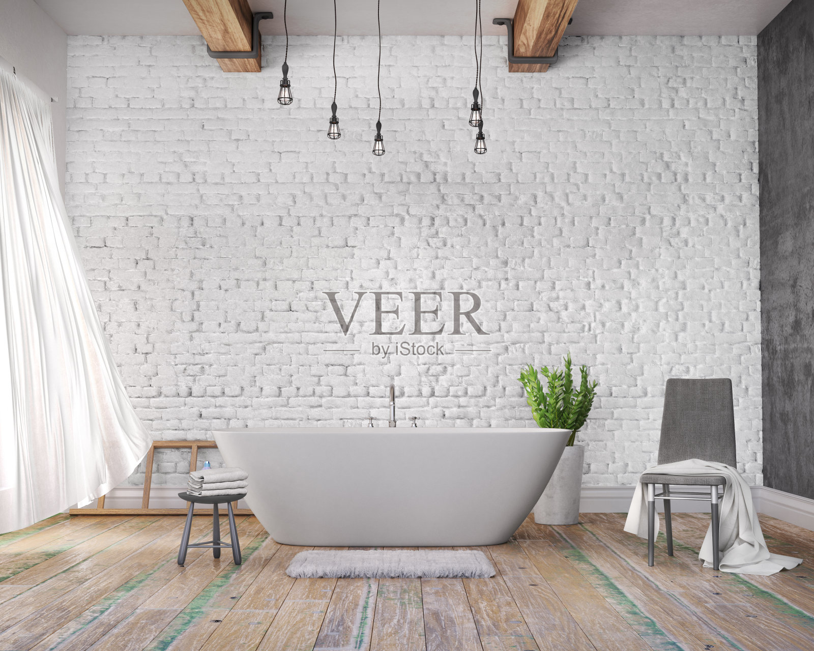 浴室，窗户，木地板，白墙，3d插图照片摄影图片