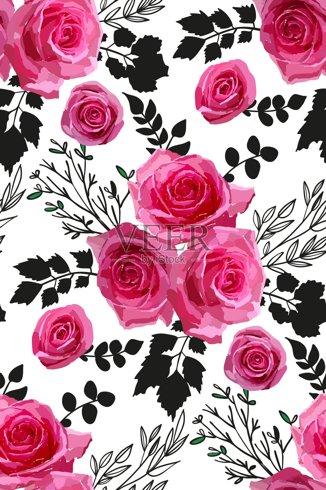 无缝模式与花园玫瑰插画图片素材