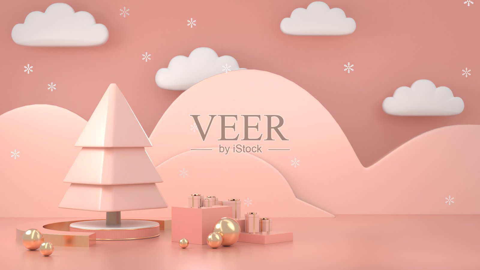 三维渲染图像抽象几何形状的圣诞树场景装饰与复制空间概念。照片摄影图片