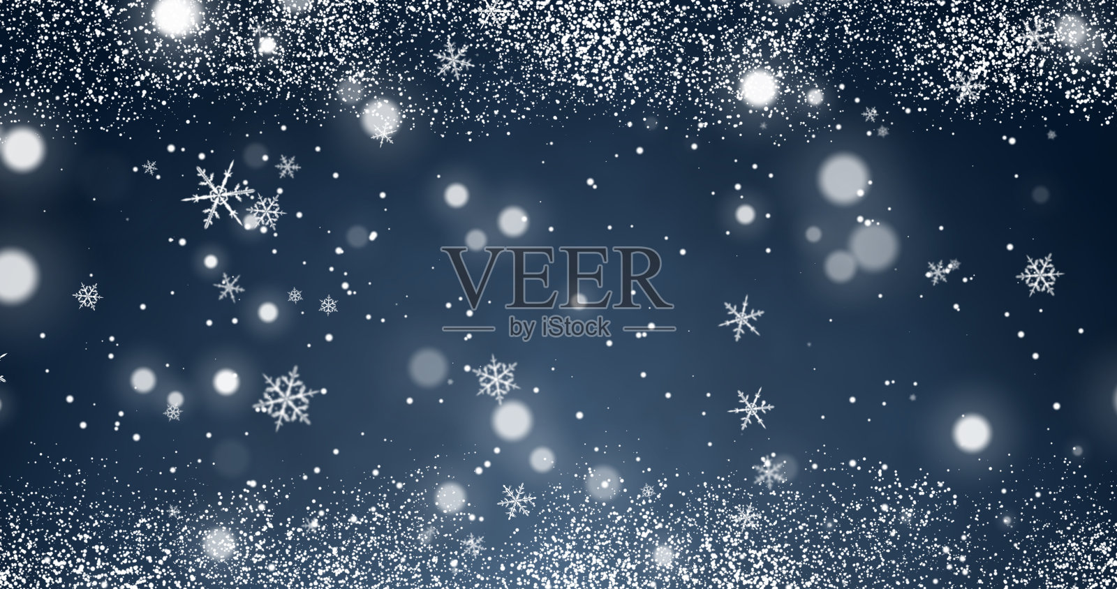 雪花和散景灯在蓝色的圣诞快乐的背景。三维渲染照片摄影图片