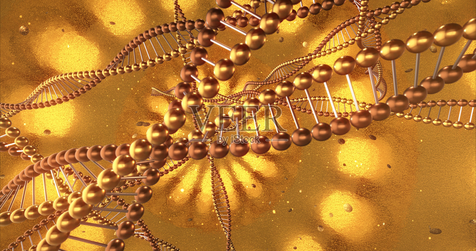 金色的几何背景和DNA分子的漩涡。三维渲染照片摄影图片