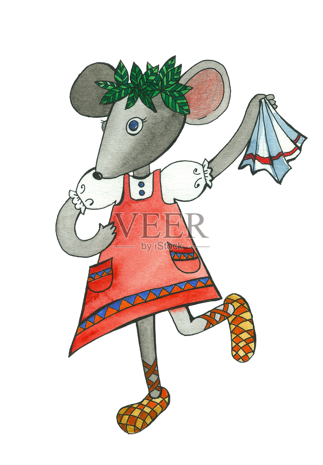 穿着红裙子跳舞的老鼠，水彩画插画图片素材