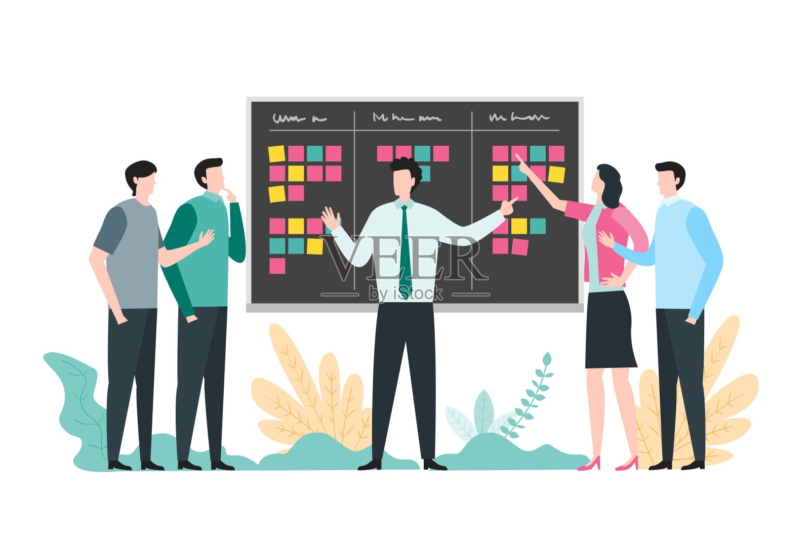业务团队会议，业务计划和头脑风暴的概念。商务人员在黑板上讨论项目计划和管理任务插画图片素材